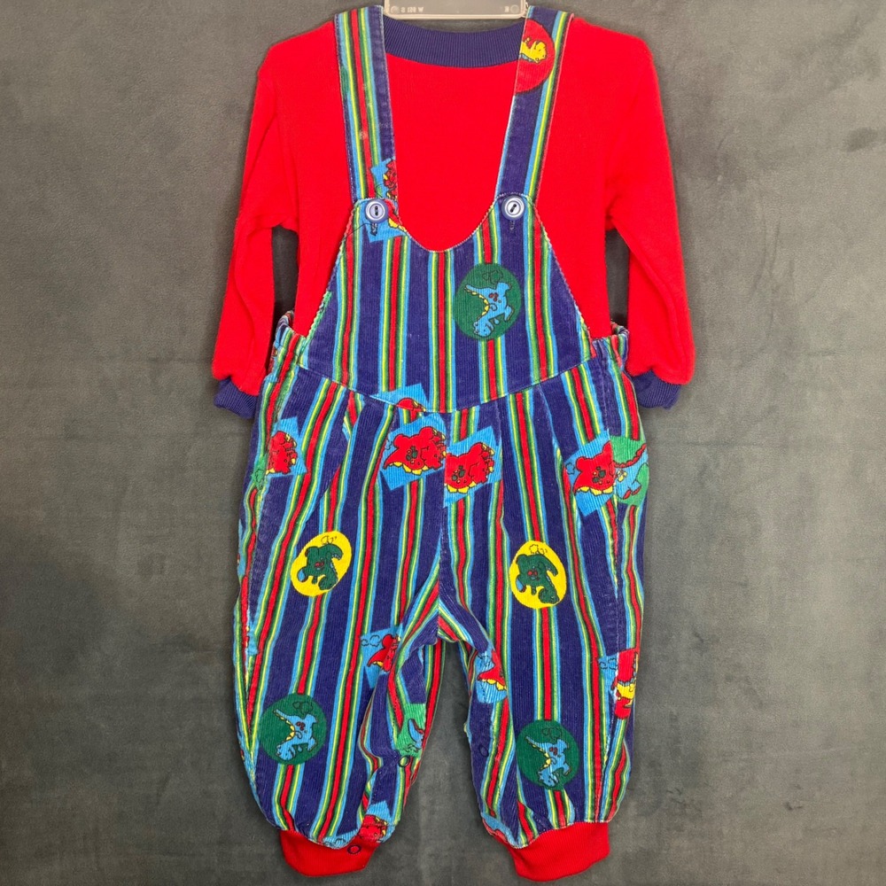 Vintage 1990s baby Boy Dinosaur corduroy overalls with long sleeve shirt 6/9M